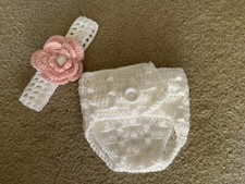 New White Crochet Diaper Cover  Headband w/flower, Baby 0-6 Months, Pictures