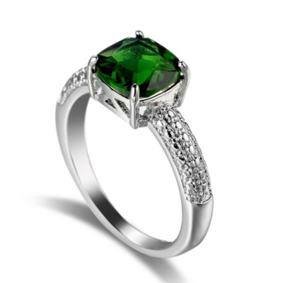 Green Cubic Zircon Square Cut 925 Silver CZ Band Women's Wedding Ring Size  7/8/9