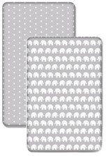 BABY 2-PACK FITTED COT SHEET 100% COTTON 120X60 Small White Stars/Elephants grey