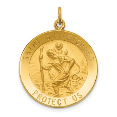 14K Yellow Gold Solid Satin Finish Medium Round St. Christopher Medal Pendant