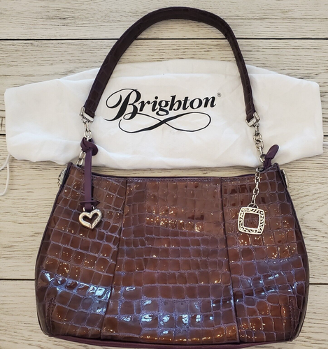 BRIGHTON Purple Crocodile Print Patent Leather Shoulder Bag W/Dust Cloth