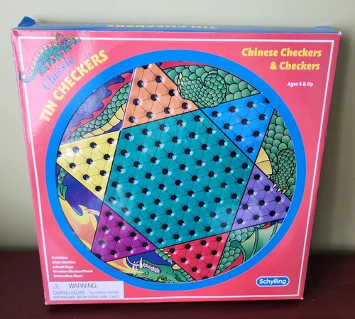 Vintage Schylling Green Dragon Chinese Checkers & Checkers Game Dbl Side Tin