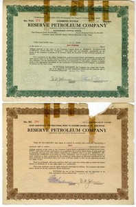Reserve Petroleum Co., 1928. I/U Stock Pair, S/Ns 271 & 280. Good Condition