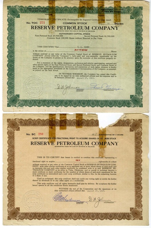 Reserve Petroleum Co., 1928. I/U Stock Pair, S/Ns 271 & 280. Good Condition