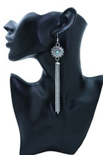Women Earrings Long Fringe Silver Metal Tassel Chains Flower Turquoise Blue Bead