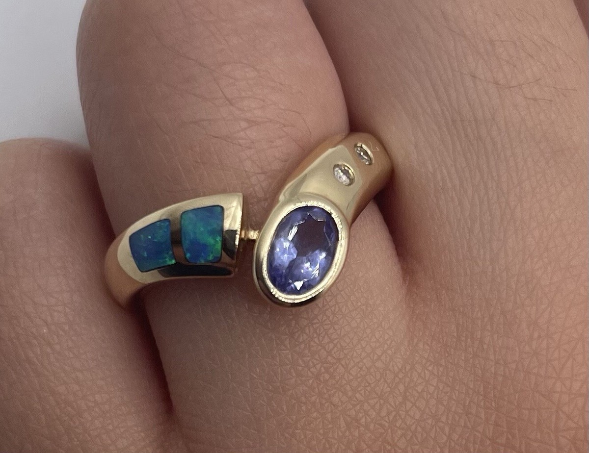 14k Solid Yellow Gold Kabana Tanzanite, Inlaid Opal, Diamond Ring