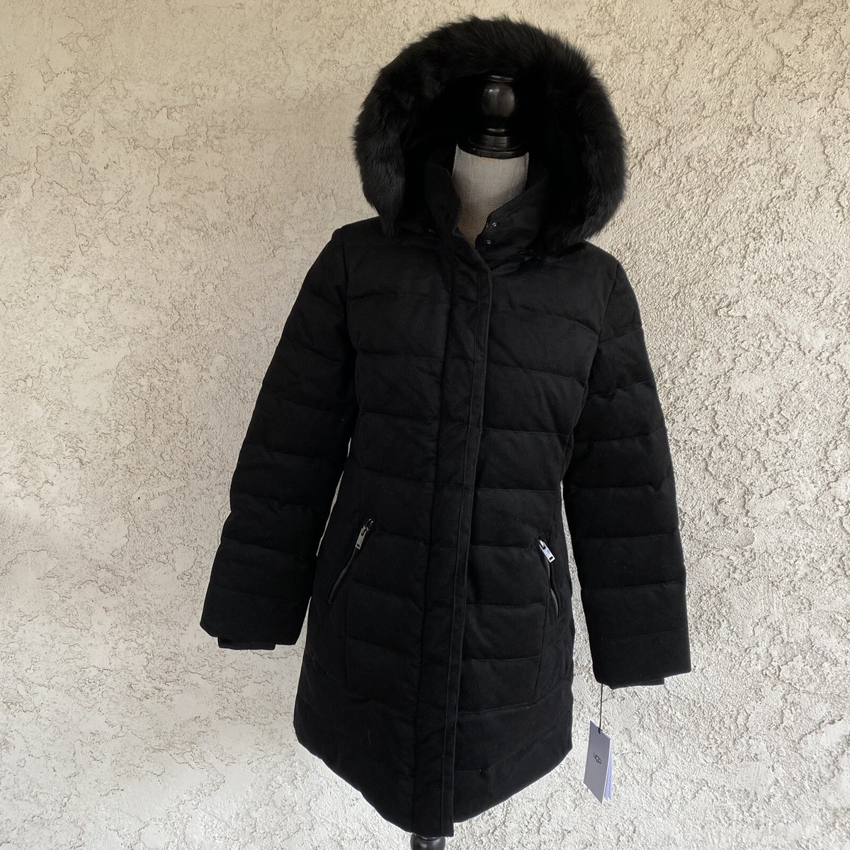 UGG Celeste Wool Down Puffer Black Coat Jacket Hooded Toscana Trim