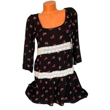 Forever 21 Sz S Babydoll Dress with Lace Trim Accents Black Floral Print NWT