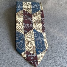 Adolfo Men's Necktie Burgundy Blue Tan Brown Geometric Silk Tie Made in USA