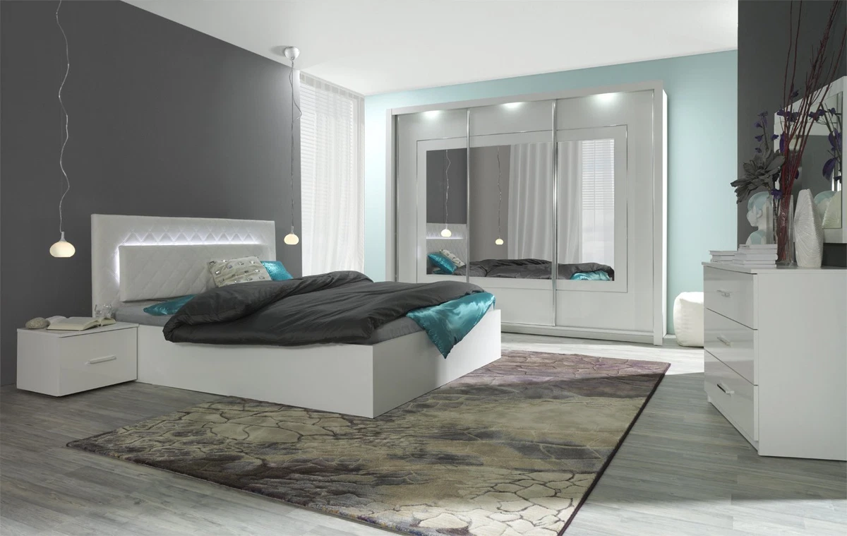 komplett schlafzimmer hochglanz weiß mit led bett, schrank, 2 x