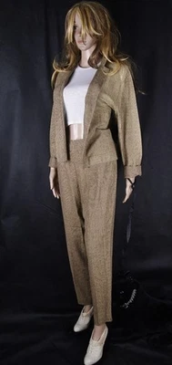 100% Seide Kostüm 2 PC Woven Silk Tweed Pant Suit Ann May Gr S - Bild 1 von 4