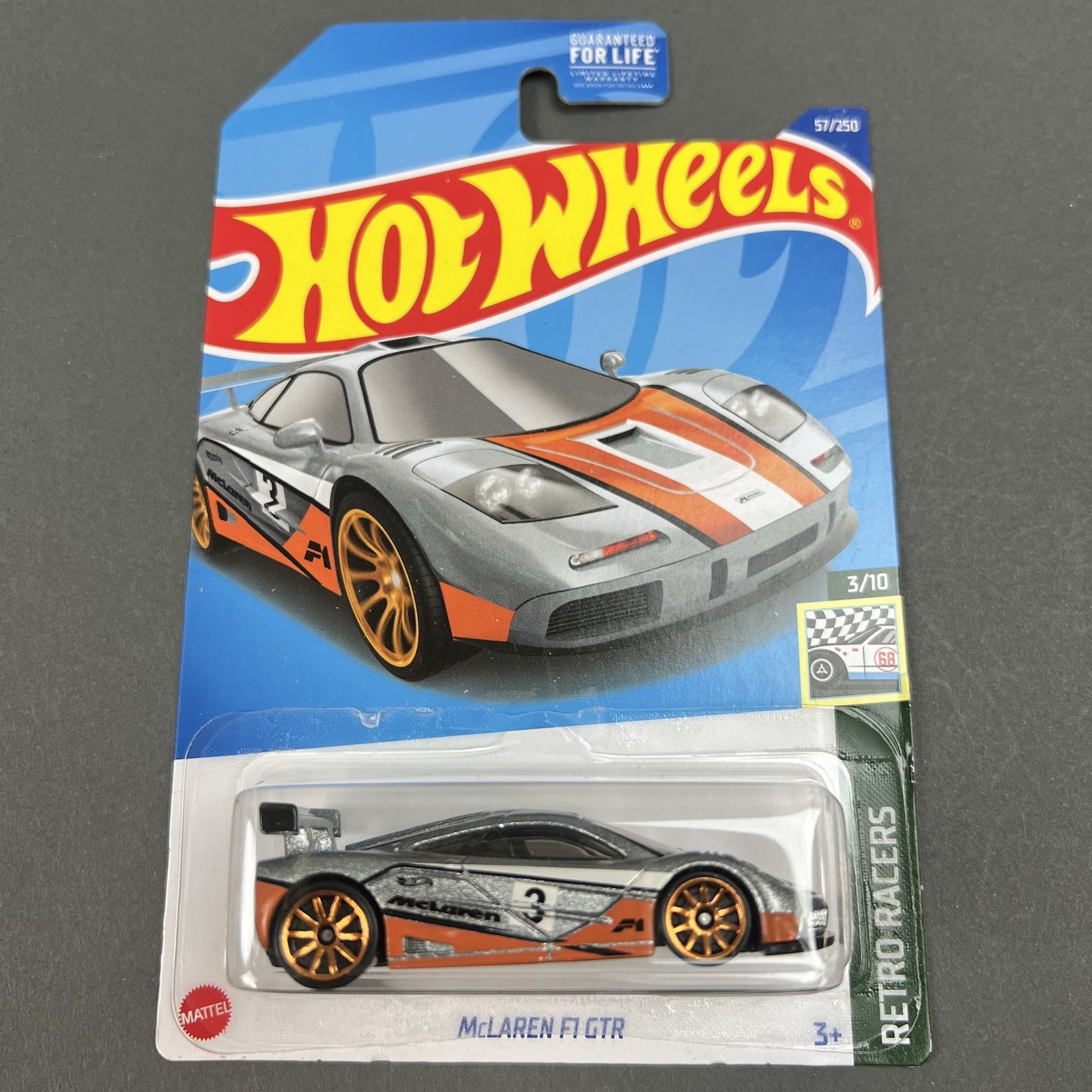 2022 Hot Wheels McLaren F1 GTR Silver with Orange Livery HW Retro Racers 3/10
