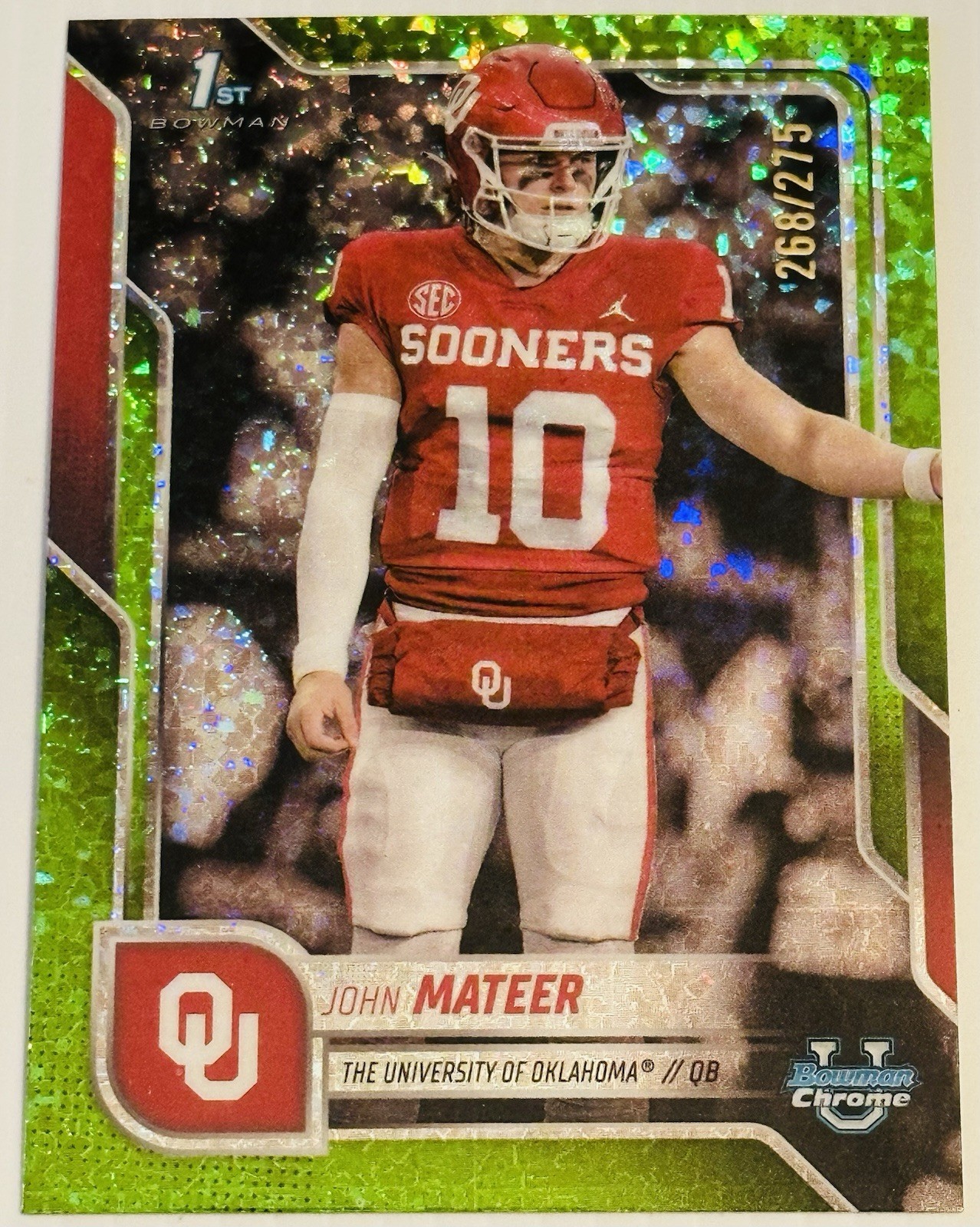 John Mateer 2025 Bowman U Chrome Lime Green Mini Diamond /275 🔥 Oklahoma 1st