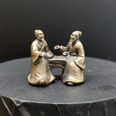 Mini Brass Two Scholars Playing Go Figurine Chinese Ancient Statue