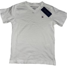 NEW TOMMY HILFIGER Boys Cotton Short Sleeve V-Neck TShirt Top White Sz 6
