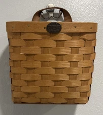 Peterboro Basket  Co. Wooden Woven Wall Pocket Basket Leather Single Handle