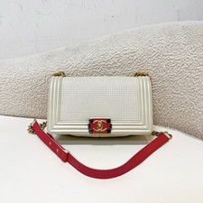 AUTH CHANEL Leboy Perforated Leather Medium White Red Gold Chain HW Shoulder Bag