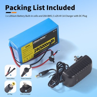 24V 5Ah Lithium Battery with 29.4V 1A Charger, 24V Rechargeable Battery for DIY