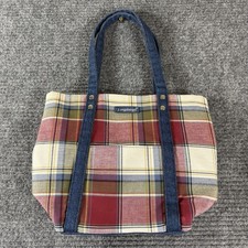 Longaberger Homestead blue red plaid small tote bag snap close 100 cotton