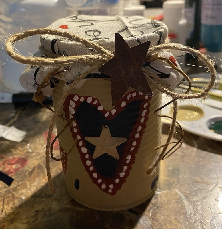 Decorative Glass Jar w/ Fabric & Jute Twine Bow, Heart & Star Theme