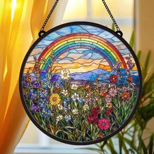 Boho Rainbow Sun Catcher, Stained Glass Meadow Decor, Nature Landscape