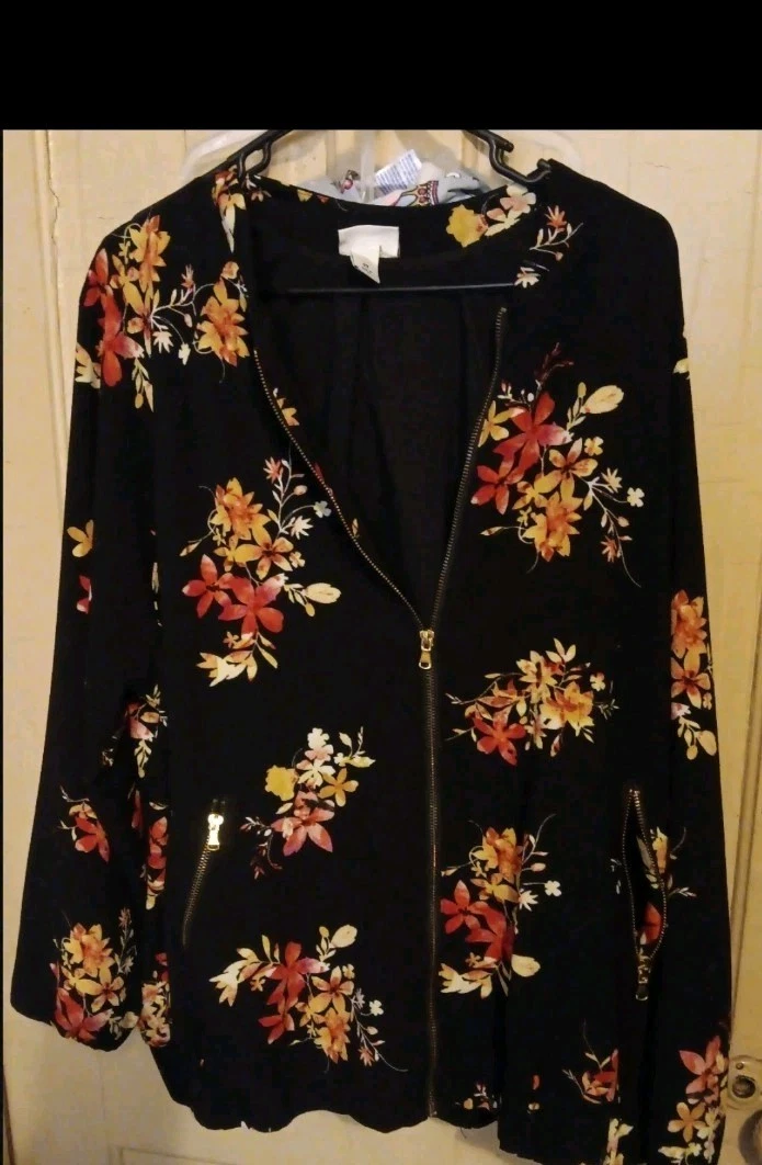VETEMENTS Giacca donna Ava & Viv nera floreale taglia 2X full zip foderata tasche fascia vita
