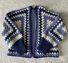 Granny Square Crochet Cardigan Sweater Womens Homemade, Size M/L Blue White