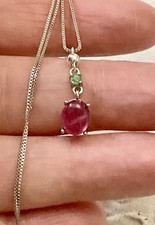 RUBIS cabochon , ÉMERAUDE OR BLANC 14k / ARGENT COLLIER PENDENTIF CHAÎNE Ancien