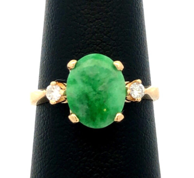 Designer Ring KIN 14K Gelbgold oval grüne Jade runder Diamant Akzente