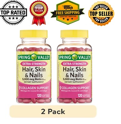 (2 Pack) Spring Valley Extra Strength Biotin Hair, 5000 mcg Biotin, 120 Ct NEW