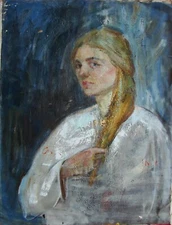 Ukrainian Soviet Oil Painting female portrait impressionism realism girl braid