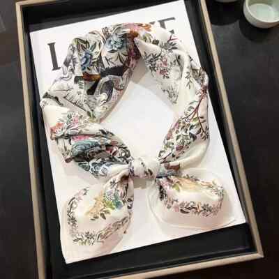 100% Mulberry Silk 27'' Square Scarf Women Neckerchief Bandana White Flower Birds