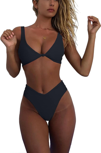 Bikini Set for Women Solid V Neck Knot Front Push up High Leg Two Piece Swimsuit