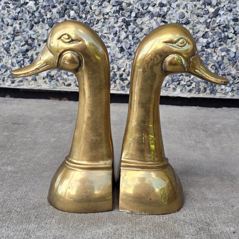 Vintage MCM Brass Duck Head Bookends Taller 8 ¾” Set Pair