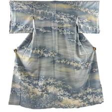JAPANESE KIMONO TSUMUGI BLUE-GRAY 157cm 5 ft 2 in PURE SILK B0345
