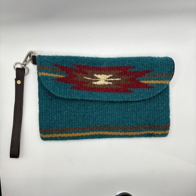 Southwestern Wool Clutch Wristlet Bag Teal Red Geometric Pattern Zippered