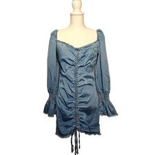 Fashion Nova Blue Western Boho Festival Gathered Denim Mini Dress Large