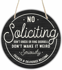 10" Wooden No Soliciting Front Door Sign Funny Round Hanging House Decor