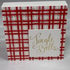 Kirklands Home White/Red Check Jingle Bells Decorative Block