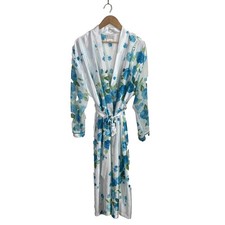 Vtg California Dynasty Womens Robe Sz L Satin Floral Long White Blue Tie