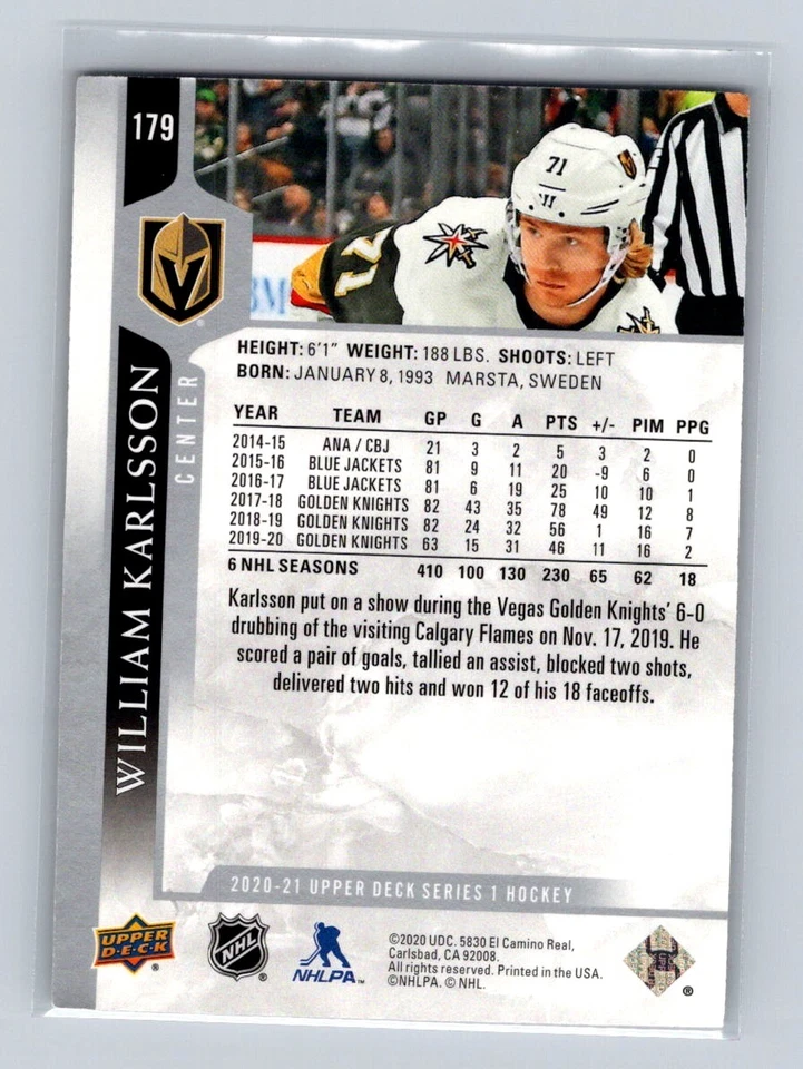 2020-21 Upper Deck #179 William Karlsson Vegas Golden Knights - Image 2 of 2