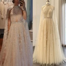 Champagne Glitters Evening Dresses with Cape V Neck Prom Party Beaded Gowns