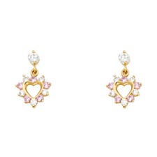 Real 14k Yellow Gold Pink CZ Heart Shape Screw Back Stud Earrings Womens Girls
