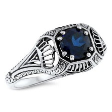 ART DECO STYLE 925 STERLING SILVER CLASSIC LAB-CREATED SAPPHIRE RING     487