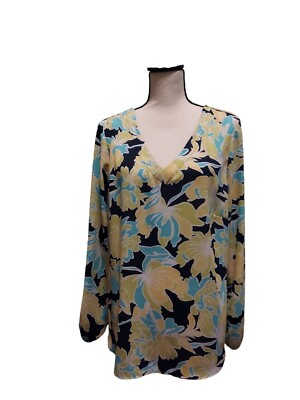 Pappagallo XL Womens Top Blouse Yellow-Lime, Black,Blue Foral 3/4 slv polyester 