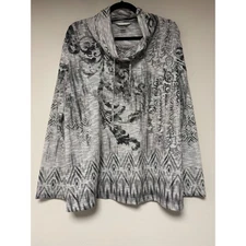 Christopher & Banks Womens XL Gray Black Abstract Print Cowl Neck Long Top