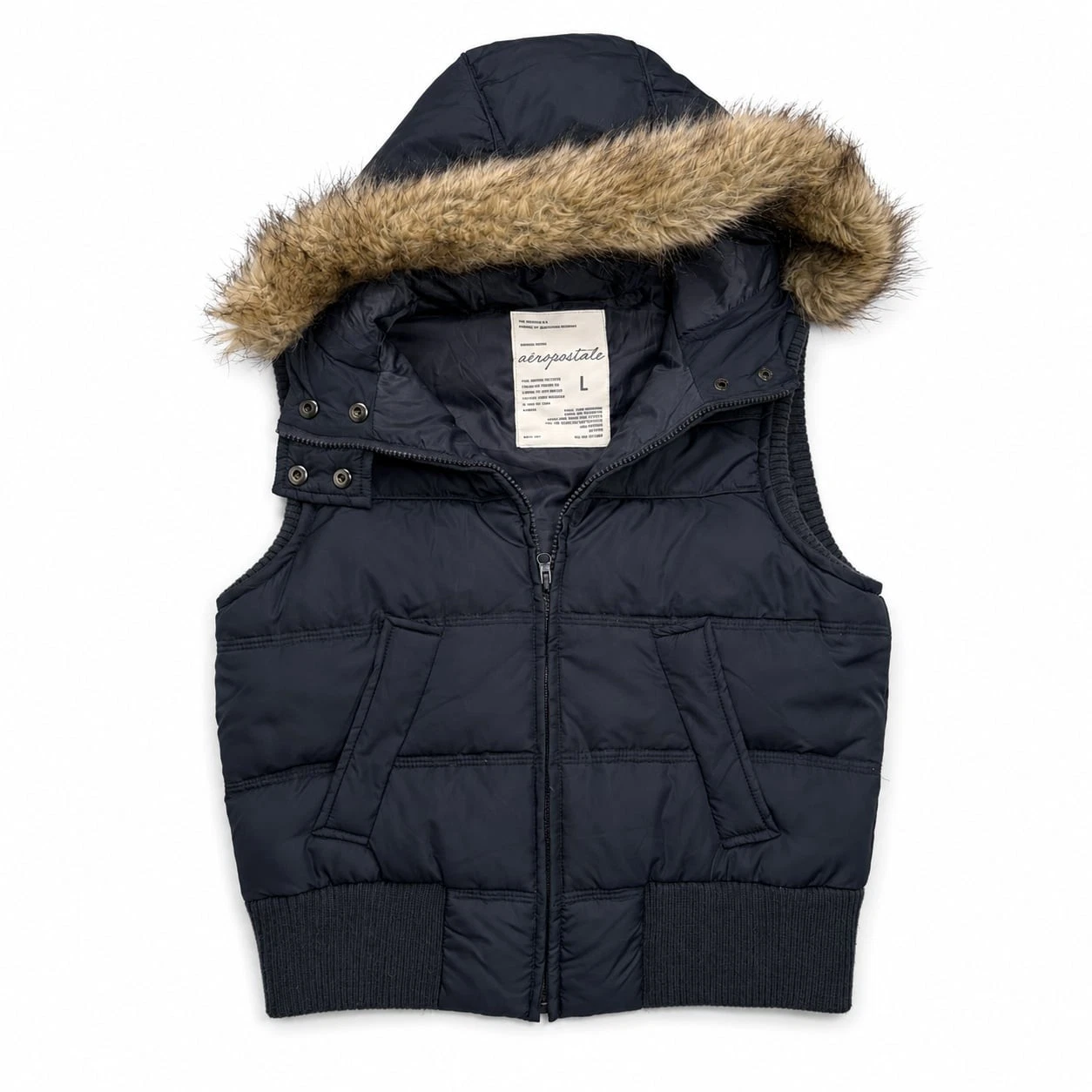 Aeropostale Women's Down-Filled Puffer Vest with Faux Fur Hood Size L