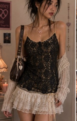 Vtg Y2k Coquette Mystic Magic Cinema Etoile Black Gold Lace Tunic Cami Top Large