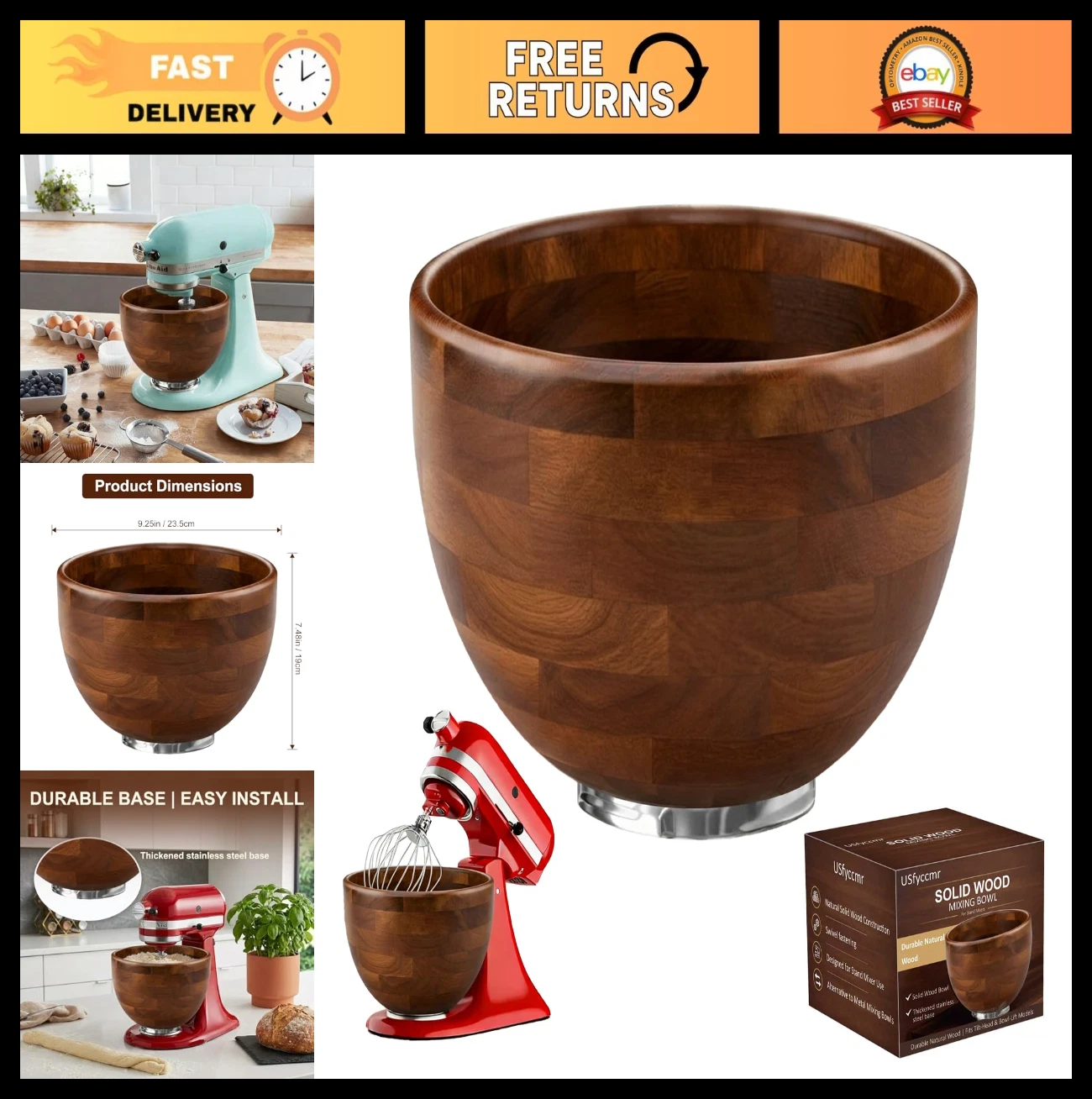 Natural Wooden Mixing Bowl for 4.5-5 QT Tilt-Head Stand Mixers - Kitchen Accesso
