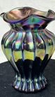 Vintage Black Amethyst Carnival Glass Ribbed Ruffled Vase Electric Iridescent